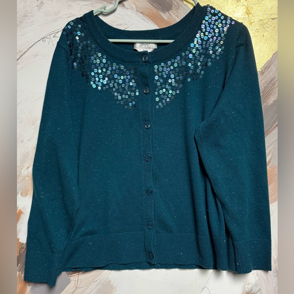 CJ Banks teal hand beaded sweater